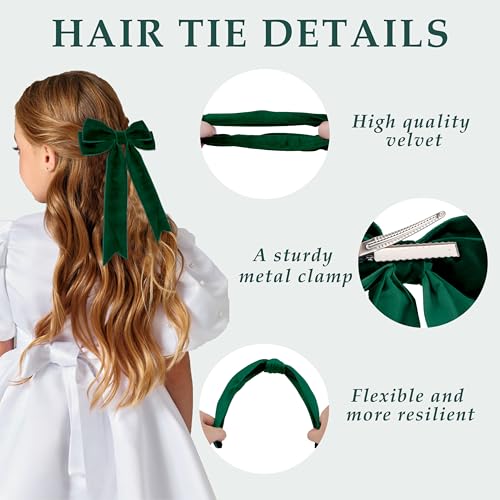 FASOTY Dark Green Velvet Hair Accessories Set for Girls, 3-Piece Bow, Headband and Hair Tie