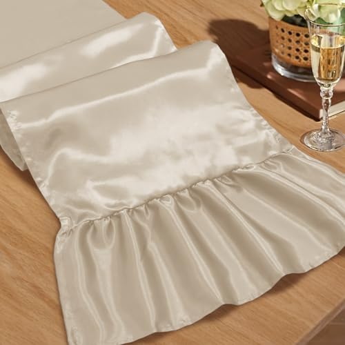 Satin Table Runner Champagne 12x108 Inch Ruffle Party Decor 2 Pack