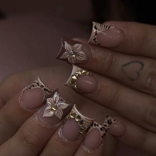 French Tip Press On Nails Short Square Nude Brown Fake Nails