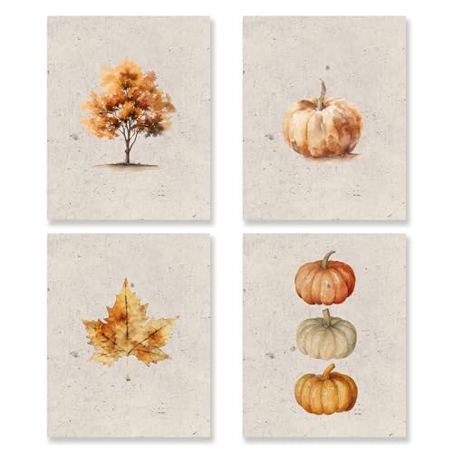 Fall Autumn Wall Art Prints Set of 4 - Vintage Pumpkin Maple Leaf Posters 8x10