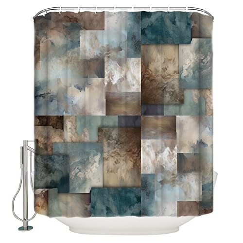 Teal Blue Brown Abstract Shower Curtain 72" x 72" Waterproof