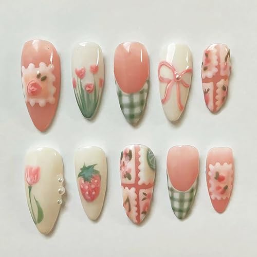 Green Plaid French Tip Press on Nails Medium Almond Fake Nails with Pearls