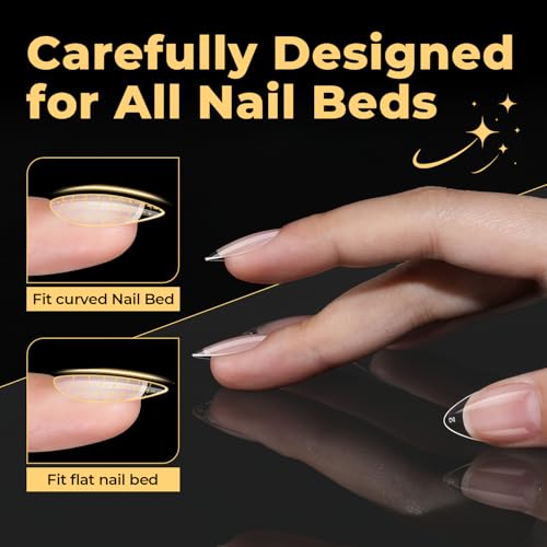 UNA GELLA Short Almond Gel Nail Tips - 216 Pcs Clear Soft Acrylic Full Cover Fake Nails for DIY Home Extension