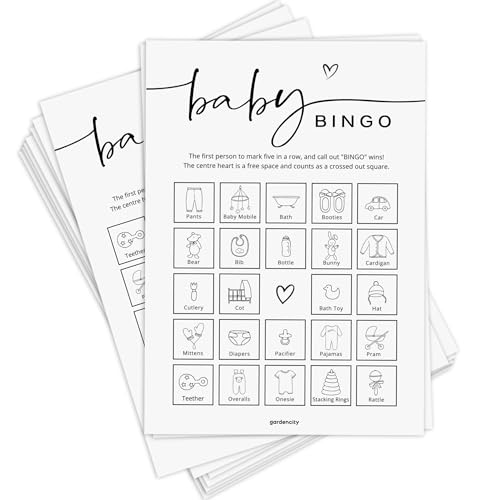 Baby Shower Bingo Game - Pre-Filled Cards for Girl or Boy, 50 Cards, Minimalist Design