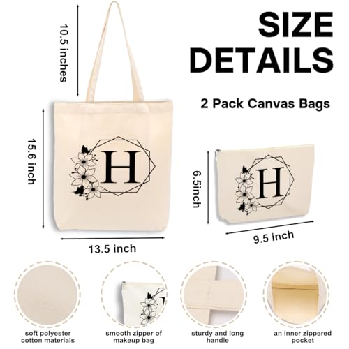 Initial Monogrammed Canvas Tote Bag with Cosmetic Bag Set