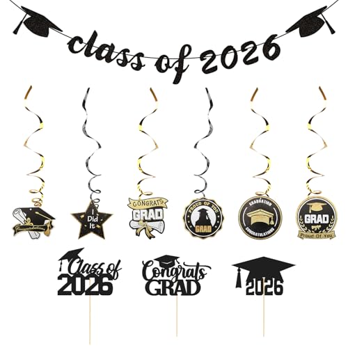 Congrats Grad 2026 Cake Topper Set - Black Glitter Graduation Decor