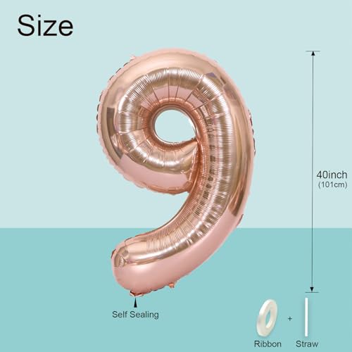 40 Inch Rose Gold Number 9 Foil Balloon Large Birthday Party Decoration
