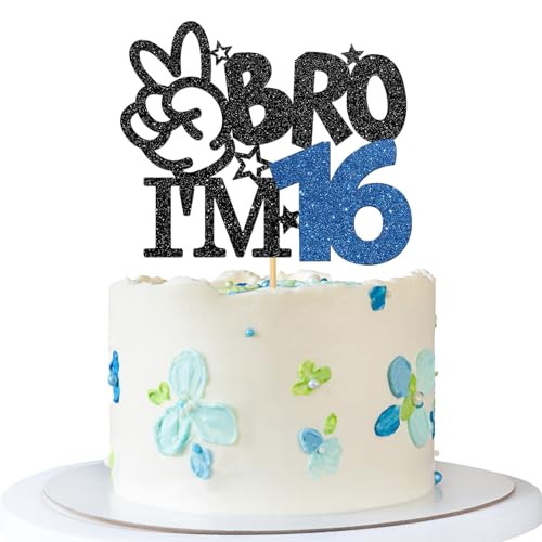 Bro I'm 16 Cake Topper - Black Glitter 16th Birthday Party Supplies
