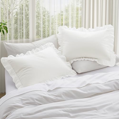 KKJIAF Ruffle Pillowcases, Standard 20x26 Inch White Microfiber Set of 2