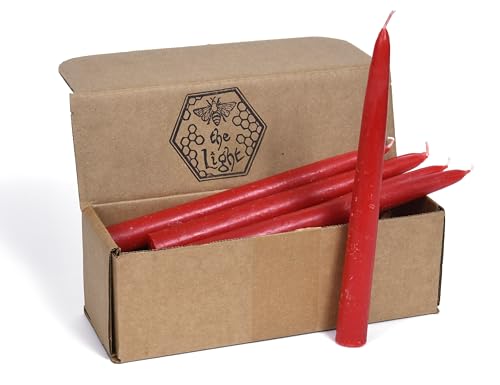 Red Blossom Beeswax Taper Candles Set - 8.5 Inch Unscented Handmade Decor, 12 Pack
