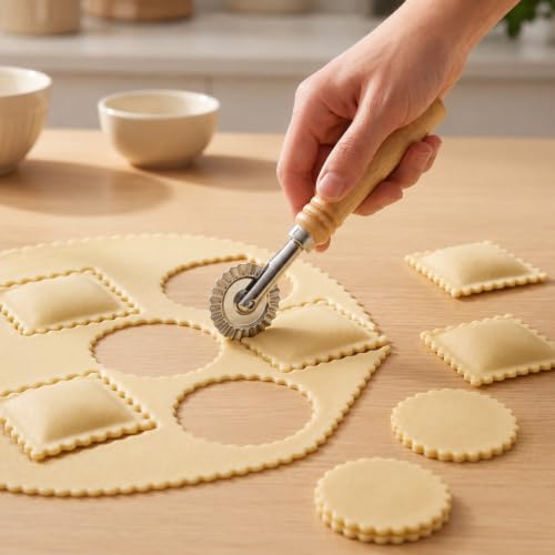 Fluted Pastry Wheel Cutter - 6.3 Inch Metal Dough Cutter with Oak Handle