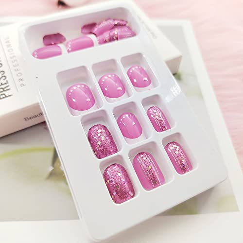 TUZANDW Rose Pink Square Press on Nails Short Glitter Sequins False Nails