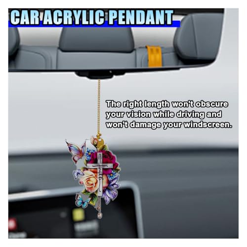 Jesus Cross Flower Rear View Mirror Pendant - Acrylic Car Charm