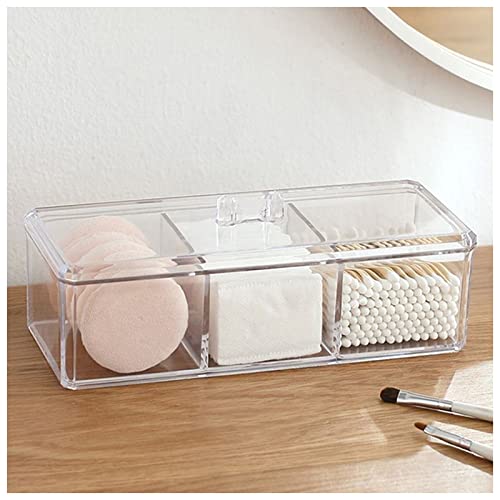 Clear Acrylic Qtip Holder with Lid - 3 Compartment Cotton Ball Dispenser