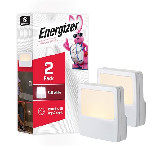 Energizer Night Lights Plug into Wall 2-Pack White Slim LED Nightlight - Always-On, Space-Saving