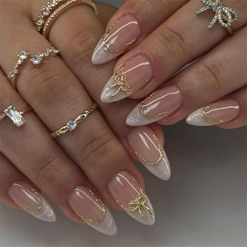 French Press on Nails Almond White Tips with 3D Gold Bow 24Pcs