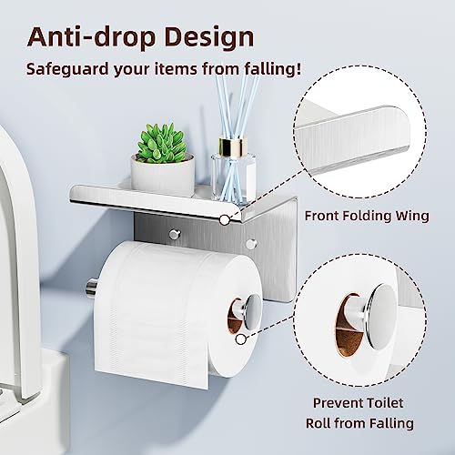 Silver Adhesive Toilet Paper Holder with Shelf - Stainless Steel
