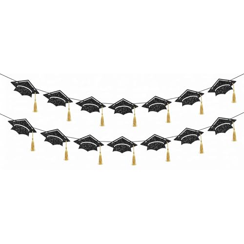 Graduation Cap Banner 2026 with Gold Tassels – Black Glitter Decor