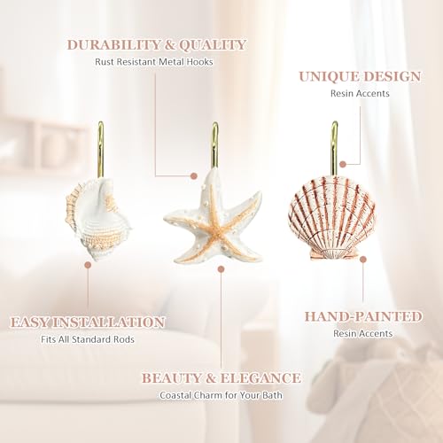 Gold Seashell Shower Curtain Hooks - 12 Pack Rust-Proof Decor