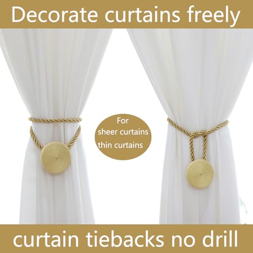 SLIFEOW Gold Magnetic Curtain Tiebacks 12mm Heavy-Duty Rope Holdbacks - No Tools Needed