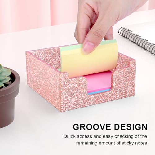 Rouidr Acrylic Sticky Note Holder - Rose Gold Glitter Memo Pad Dispenser