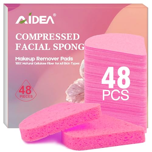 AIDEA Compressed Facial Sponges 48 Count - Natural Cellulose Face Sponges for Cleansing, Exfoliating, and Makeup Removal