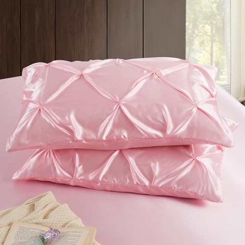 Blush Pink Satin Pillowcase Set - 2 Pcs Standard 20x26 Inch with Pintuck Design