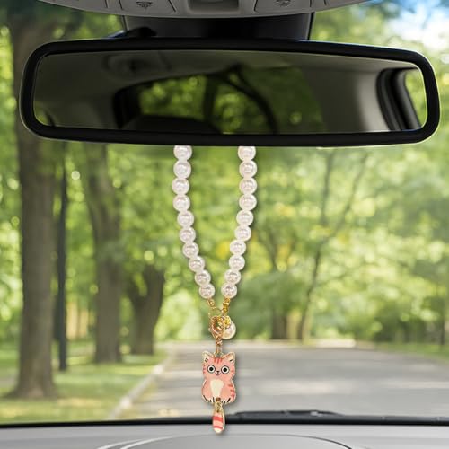 Deaelf Cute Cat Car Mirror Hanging Accessory with Pearl Chain Pink