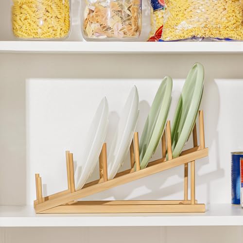 HBlife Bamboo Dish Drying Rack - 5 Slot Stepped Plate & Cup Organizer