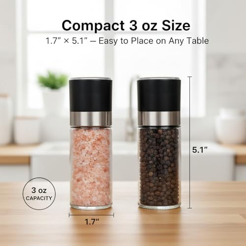 ErrandsHelper Salt and Pepper Grinder Set - 3 oz Refillable Glass Mills (5.1")