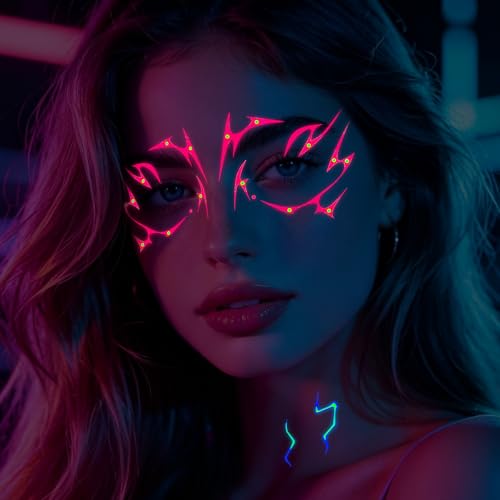 Konsait Glow in the Dark Face Temporary Tattoos 15 Sheets Neon Black Light