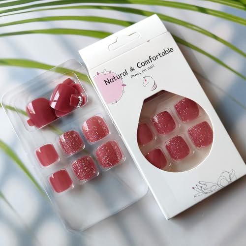 Wine Red Press on Toenails Glossy Square Fake Toe Nails with Rhinestones
