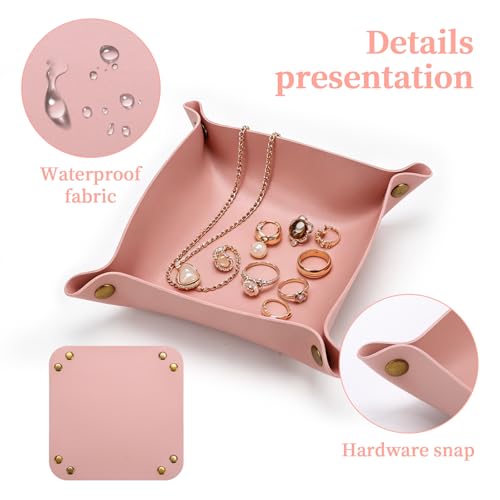 Pink PU Leather Valet Tray - 8x8 Inch Organizer for Keys, Coins & Jewelry