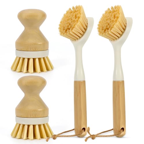 ÖkoStamm 4-Piece Bamboo Kitchen Dish Scrub Brush Set with Built-in Scraper