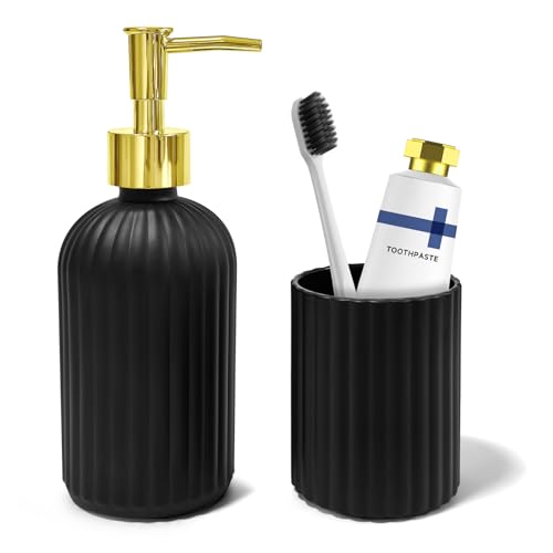 Black Glass Bathroom Accessory Set - Soap Dispenser & Toothbrush Holder