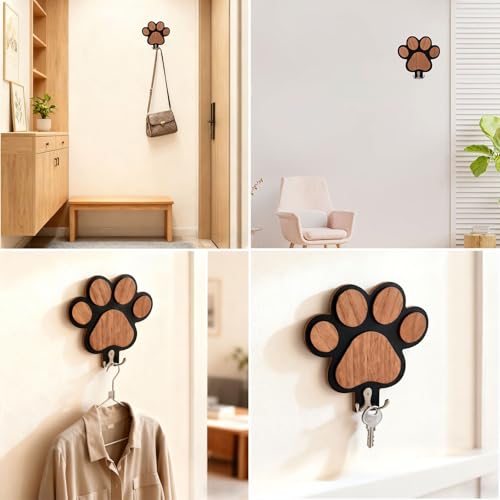 Wooden Dog Leash Holder with 3D Paw Design - Wall Organizer Hooks