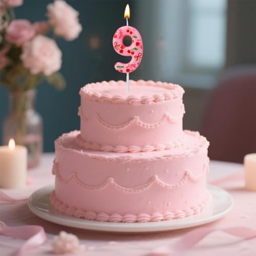 BOXOB Number 9 Cherry Birthday Candle Pink Sweet Fruit Cake Topper