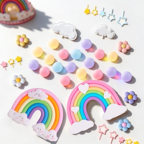 39-Piece Rainbow Cake Topper Set with Pastel Balls & Flowers