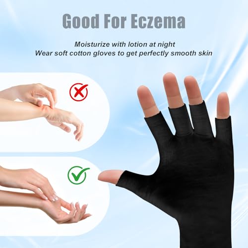 Eiodoni 3 Pairs Black Fingerless Cotton Moisturizing Gloves for Eczema