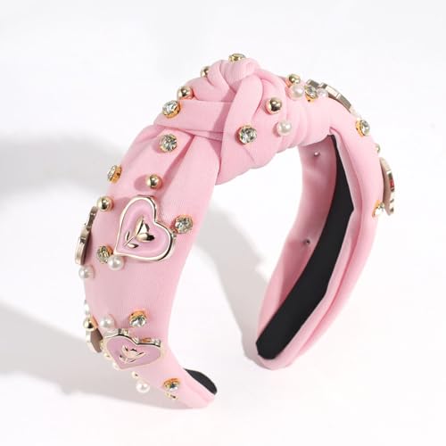 Sokfone Pearl Rhinestone Knotted Headband - Pink Valentine Heart Hair Accessory
