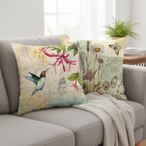 Set of 4 Bird Pillow Covers 18x18 - White Linen Farmhouse Decor