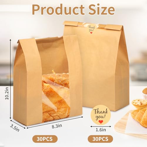 Kraft Paper Bread Bags with Clear Window - 30 Pcs Sourdough Bakery Bags