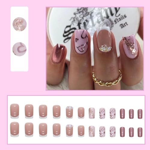 Purple Press on Nails Medium Square Kawaii Fake Nails with Heart Designs