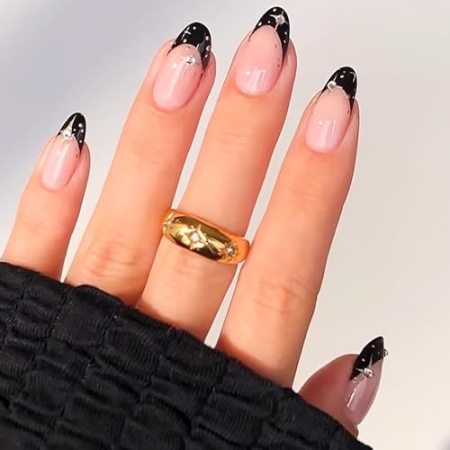 Black French Tip Press On Nails Medium Almond Fake Nails with Silver Stars