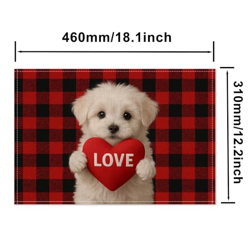HOMETITUTE Valentine Placemats Set of 4 - Red Plaid Puppy Design