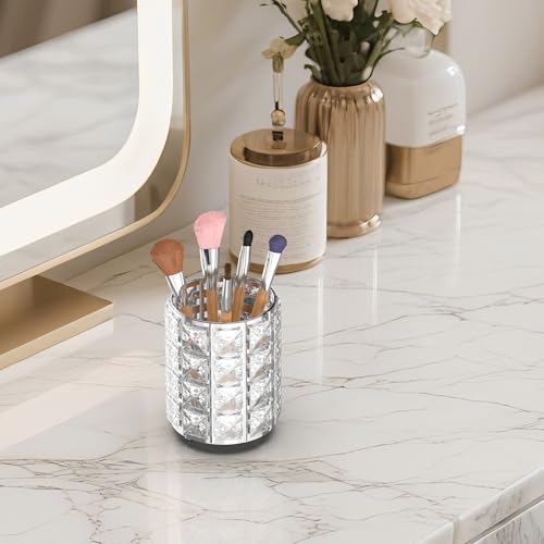 Elegant Makeup Brush Holder with Silver Crystal Bling - Stylish Vanity Organizer