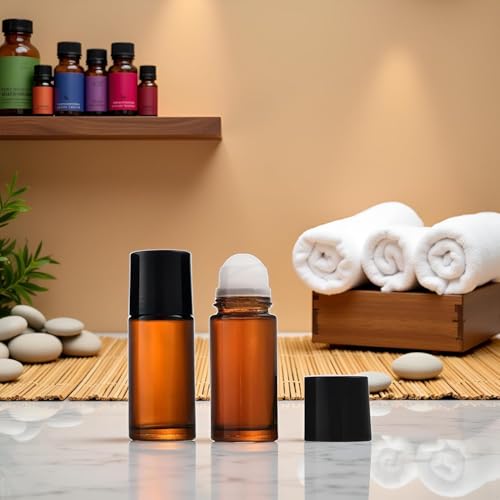 NexusPulse Brown Glass Roller Bottles 50ml - 2 Pack Refillable Roll On Containers for Essential Oils and Fragrances