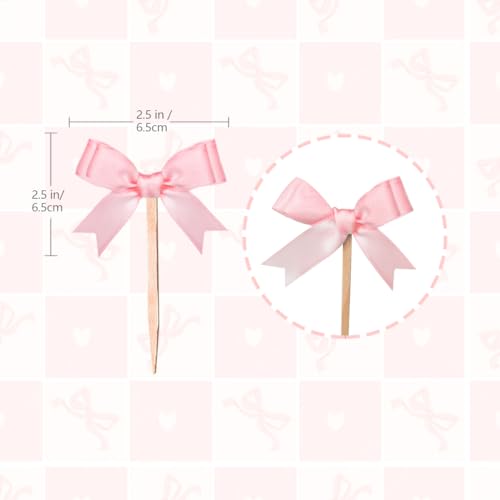 24 Pcs Rose Pink Bow Cupcake Toppers for Birthday Decor