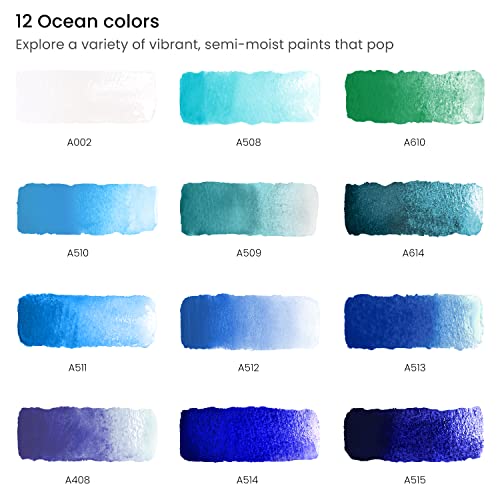 ARTEZA Watercolor Paint Set, 12 Ocean Tones Half Pans, Watercolor Set with Brush, Semi Moist Water Colors