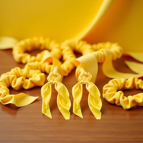 Yellow Satin Ribbon Bow Hair Scrunchies 2-Pack Ponytail Holder Scarf